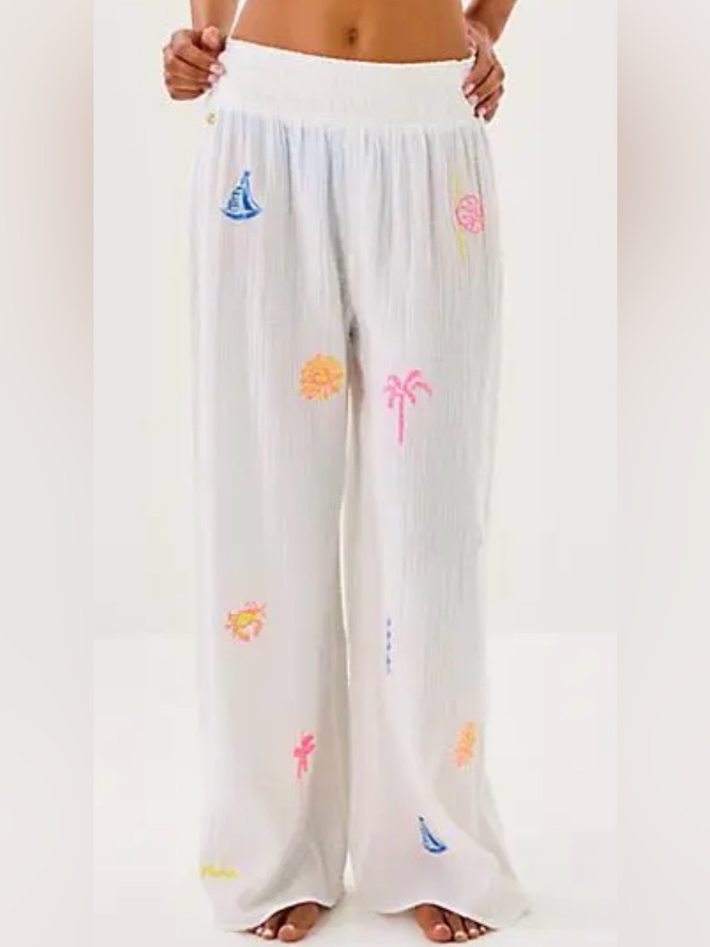 Lilly Pulitzer White Beach-Embroider led Cotton Wide-Leg Pants